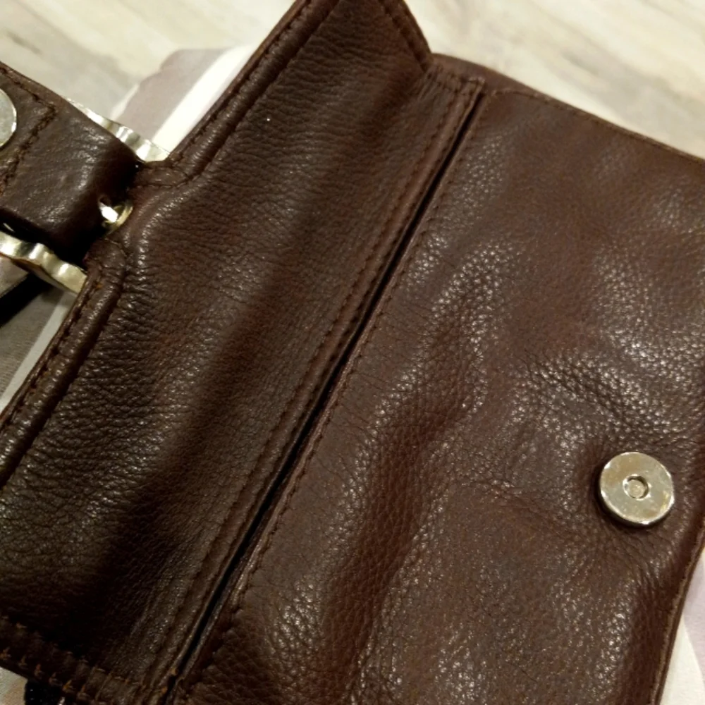 Brown Leather Wristlet Clutch with Silver Buckle